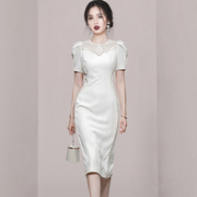 ol通勤女装轻熟气质白色连衣裙高级钉珠修身法式韩版裙子长款女夏