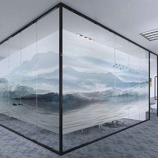 中国风山水画办公室创意静电贴纸磨砂玻璃贴膜透光不透明防窥定制