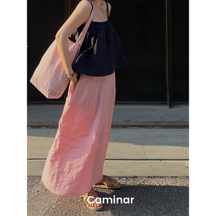 caminar23ss“草莓牛奶”粉色100%亚麻，花苞裙夏季樱花粉半身裙