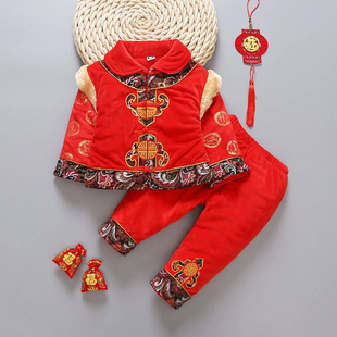 儿童唐装女童冬装新年棉衣女，宝宝0-1-2岁生日礼服，加厚中国风套装