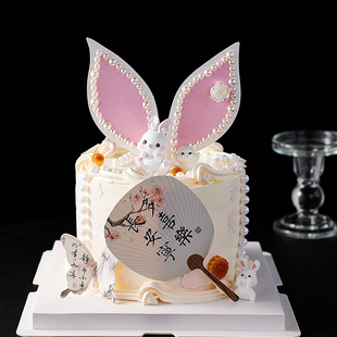 中秋节蛋糕装饰品摆件粉色，兔耳朵月饼可爱小兔子，扇子蝴蝶插牌插件