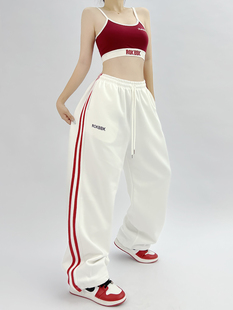 rokbbk-k布韩街舞hiphop运动裤，红两条杠爵士舞，jazz裤子女白长裤(白长裤)
