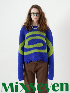 mixseven原创设计晴空蓝拼弧形，复古绿印花趣味感套头毛衣短款上衣