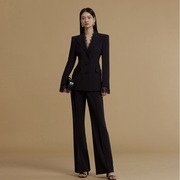 黑色蕾丝领设计 修身西装套装 外套阔腿裤 气质感女神范时尚通勤