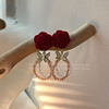 (送一)银针酒红丝绒玫瑰蝴蝶珍珠耳环长款小众设计秋冬耳夹饰