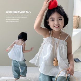 女童白色吊带上衣夏装，2024韩版洋气，儿童白色背心娃娃衫女宝宝
