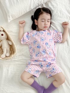 mama studio 男女童夏季睡衣套装蓝白粉白条纹满印卡通短袖家居服