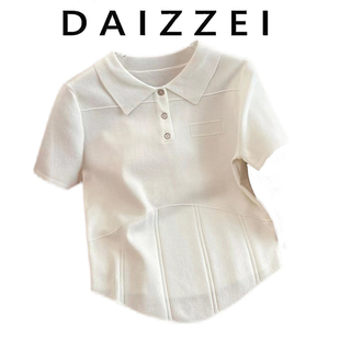 daizzei白色polo领简约短袖针织衫，女夏薄款不规则下摆短上衣