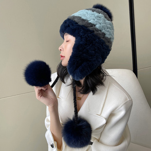 冬季獭兔毛拼色护耳帽 狐狸毛球俏皮可爱蓝色编织皮草帽子 女