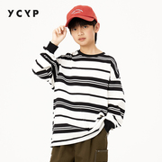 ycyp童装日系条纹纯棉男童，t恤长袖，2024春季儿童打底衫中大童