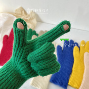 coisini2023毛线针织五指，手套女冬季露指可触屏，保暖防寒纯色