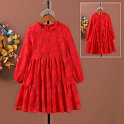 高档中国红亲子装蕾丝连衣裙，2023春秋洋气，儿童公主裙长袖母女装裙