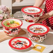 带盖陶瓷泡面碗家用日式大号汤碗卡通拉面，碗沙拉碗可爱风学生饭碗