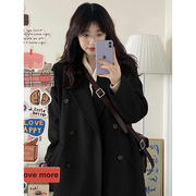 黑色羊毛呢子外套，中长款韩版2023年冬季小个子双面，羊绒大衣女