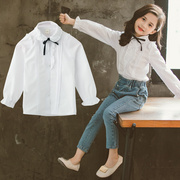 女童长袖白衬衫2023秋季韩版荷叶，边衬衣中大童，花边翻领上衣