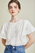 法式小众镂空刺绣，荷叶边小飞袖，纯棉衬衫衬衣白色上衣