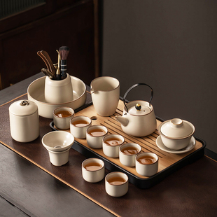 米黄汝窑功夫茶具套装家用陶瓷，茶壶盖碗茶杯，茶盘轻奢高档喝茶中式