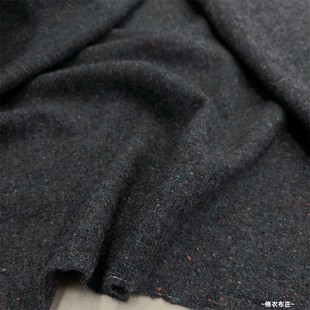 日本进口深灰色粗纺羊毛蓝橘色雪花彩点西装复古旗袍裤子服装布料