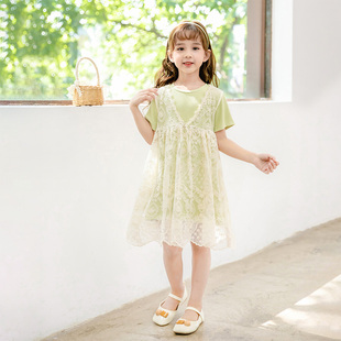 女童夏季蕾丝长款t恤假两件连衣裙儿童，2024高端纯棉公主裙子