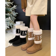 西喜自制加厚羊毛雪地靴，冬季韩版字母，拼色中筒靴子女保暖棉鞋
