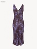 树82小众设计复古紫色豹纹桑，蚕丝v领无袖，真丝性感吊带连衣裙