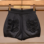 黑色裤子女小众设计感2023夏季高腰花朵粗花呢阔腿短裤