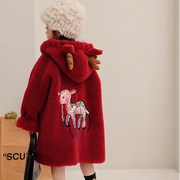 儿童皮草外套羊毛宝宝pu皮毛，一体女童羊羔，毛冬季(毛冬季)红色毛毛大衣