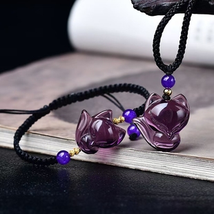 天然紫晶狐狸吊坠手链，女招桃花白水晶粉晶项链，转运编制绳礼物饰品