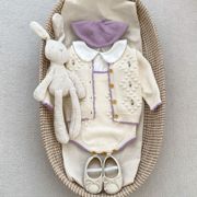 秋冬装女宝宝绣花洋气两件套针织背带哈衣套装婴儿长袖开衫外套潮