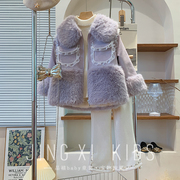 品牌童装2022冬季韩版女童小香风珍珠翻领仿皮草外套pu皮大衣
