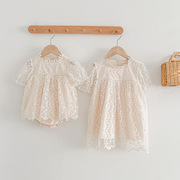 一大一小姐妹服夏0-6月小月龄公主裙2-3岁女宝蕾丝花边短袖连衣裙