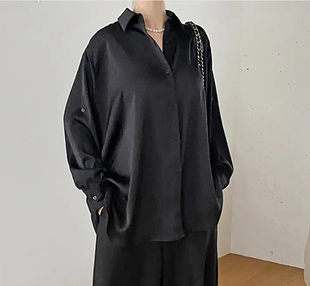 韩国大码女装2024春装时尚翻领系扣时尚蝙蝠袖长袖衬衫特