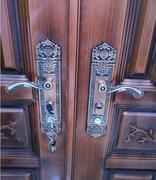 防盗门锁红古铜色大门锁，面板把手铝合金双开，门把手面板青古铜拉手