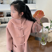 粉红色女童双面羊绒大衣23秋冬韩版高端设计师，牛角扣儿童毛呢外套