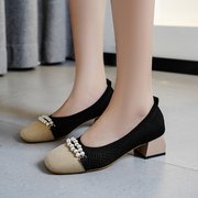 高跟鞋女日系时尚珍珠鞋粗跟单鞋2024春夏针织透气方头奶奶鞋
