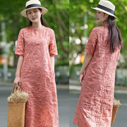 年夏季棉麻女装文艺复古改良国风苎麻刺绣旗袍女
