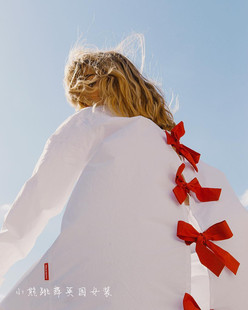 英国限量合作款立体红色蝴蝶结镂空宽松长袖直筒女士白色衬衫