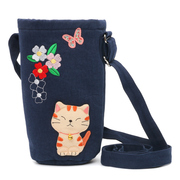 日本设计KINE猫可爱纯棉女士保温杯套斜挎水壶袋户外便携水杯包套