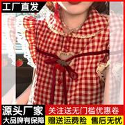 甜美娃娃领格子衬衫女夏法式设计感小众无袖背心花边系带别致上衣