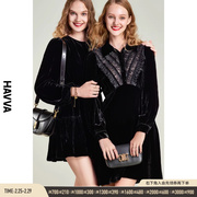 HAVVA2024春季黑色丝绒连衣裙女气质设计感法式裙子Q3-0659