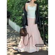 白色半身裙花边拼接粉色蛋糕裙女装夏季高腰显瘦A字裙蓝色长裙子