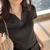 时尚简约纯色螺纹V领短袖t恤女2023夏季修身显瘦黑色翻领上衣