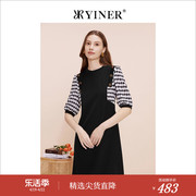 YINER音儿专选女装夏弹力复古饰扣圆领撞色连衣裙