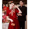 敬酒服新娘旗袍酒红色小个子，订婚礼服裙，中式结婚便装蕾丝回门夏季