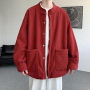 红色工装外套中国风立领盘扣唐装，复古中式大码夹克加绒加厚棉衣男