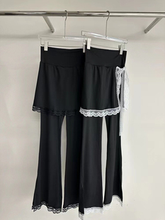 韩国小众设计个性蕾丝接拼假两件松紧腰打底裙裤休闲裤微喇叭长裤