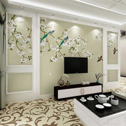 电视背景墙壁纸现代中式客厅，卧室影视墙，手绘花鸟墙纸定制壁画墙布