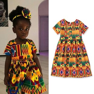 African kid clothes欧美女童非洲波西米亚风格短袖连衣长裙童装