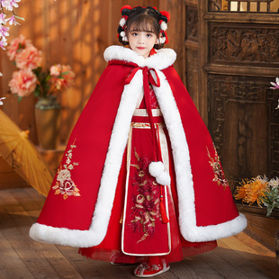 女童大红色长款汉服披风连衣裙冬季大童漂亮中国风过膝古装连衣裙