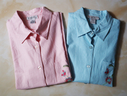 外贸亚麻女士短袖衬衫麻料绣花上衣粉色蓝色大码-4501